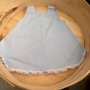 Charming vintage Blue Baby Dress with Lace Hem with matching bonnet. Hand made